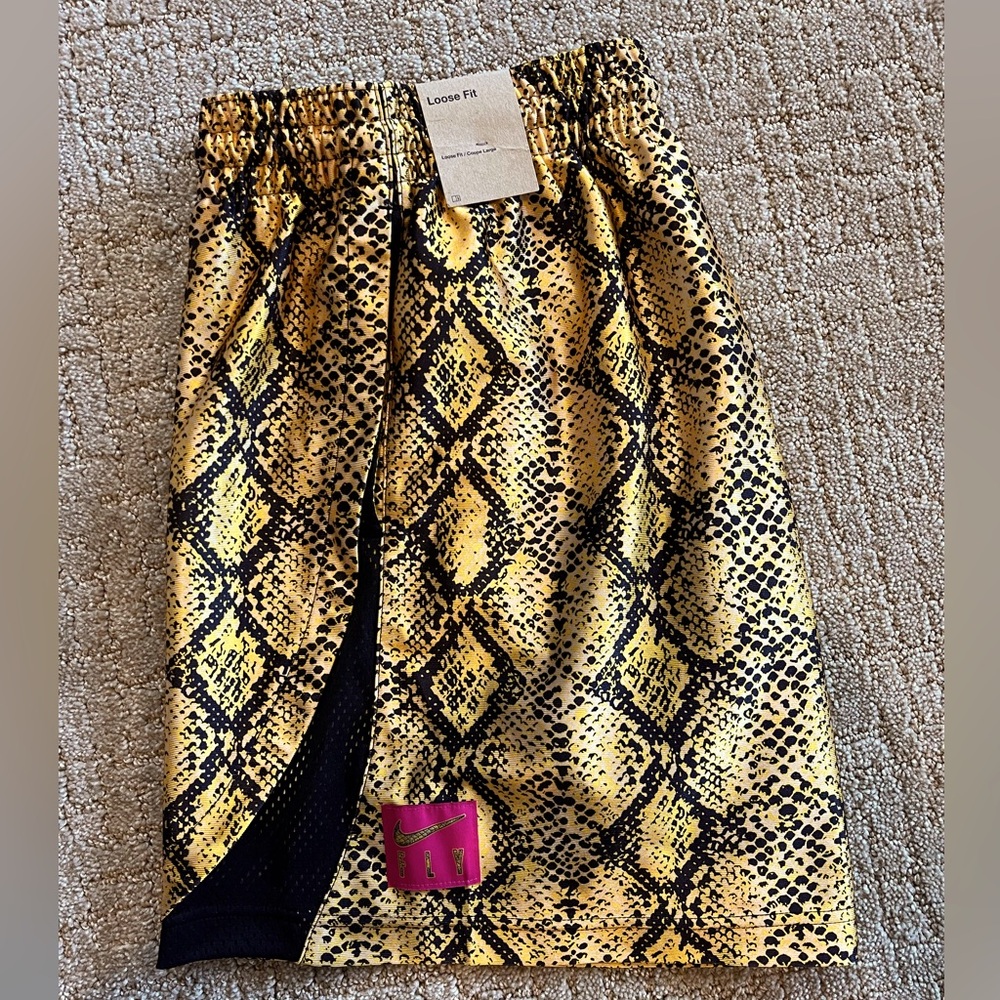 New! Women’s Medium Nike Dri-FIT RebelFly Basketball Shorts Gold/Black Snakeskin